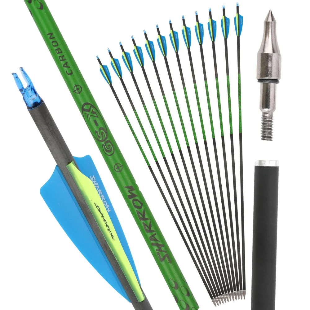 

6/12X стрельба из лука OD7,4 мм, стрела из чистого углерода, 3 дюйма, щит, резиновые лопасти, лук для охоты, стрельба из блочного лука, изогнутый длинный лук, традиционный