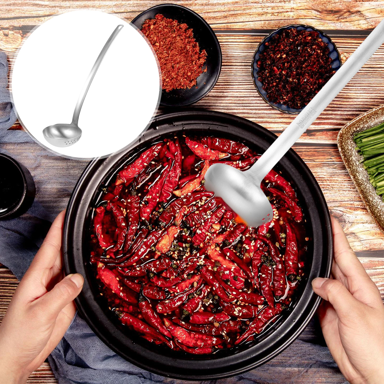 

1Pcs 304 Stainless Steel Hot Pot Serving Spoon Long Handle Easy Clean Rustproof Soup Strainer Ladle Hanging Hook