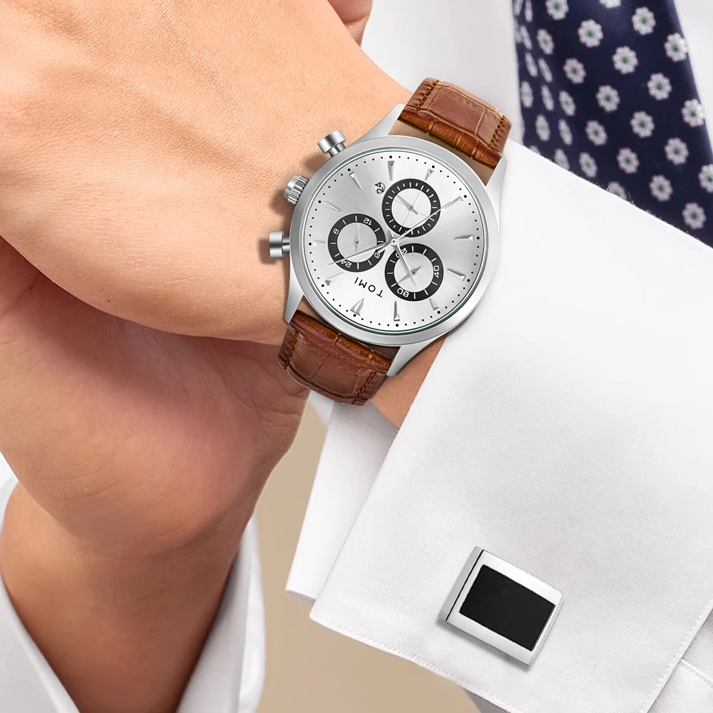 TOMI 4PCS Set Luxury Business Men\'s Quartz Watch Casual Fashion Versatile Watch Men\'s Cufflinks Tie Clip Watch Festival Gift