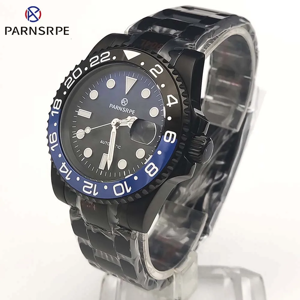 PARNSRPE Men\'s Sapphire Automatic Mechanical Watch Blue and Black Ceramic Bezel Gradient Dial PVD Black Men\'s Business Watch