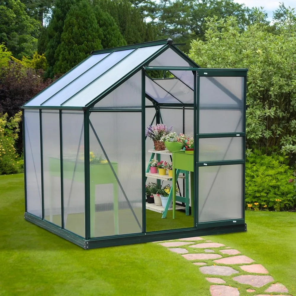 

Outdoor Aluminum Walk-in Greenhouse, Polycarbonate Greenhouse with Rain Gutter and Roof Vent, Dark Green Garden Buildings