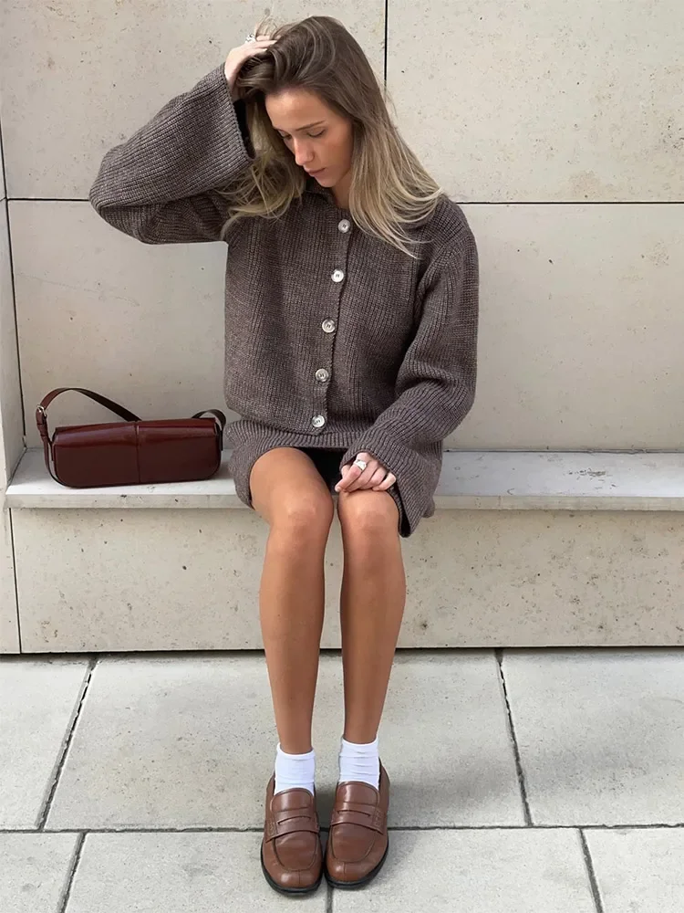 Women Elegant Solid Loose Knitted Skirt Set Chic Lapel Long Sleeve Single Breasted Cardigan Suit Autumn Lady Mini Skirts Outfits