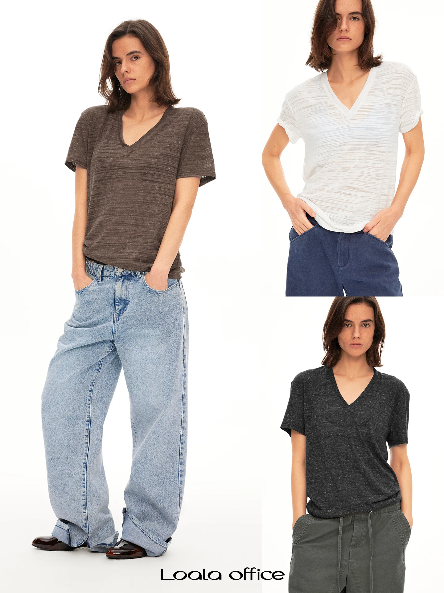 

Loala Office Pure Color Linen Bamboo Texture V-ne ort Sve Loose Feel T-irt Women's Faion Stand Fit Spring 2026