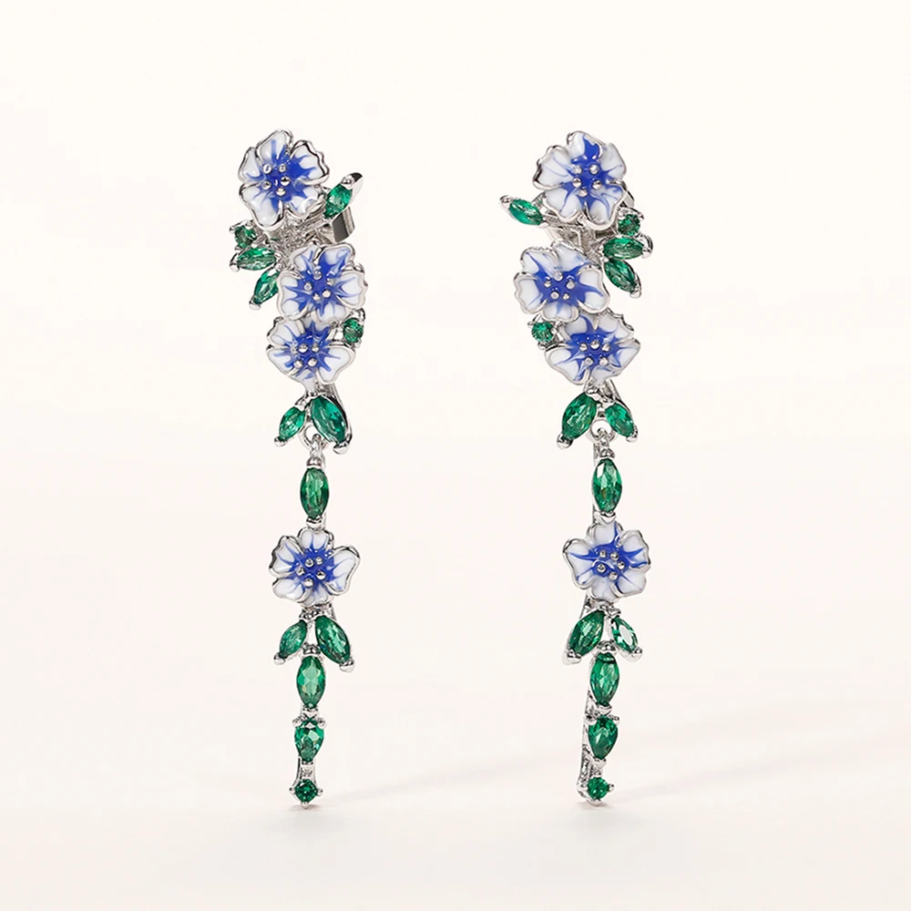 Huitan Vintage Enamel Flower Dangle Earrings Women Temperament Blue Trumpet Flower Long Earrings Wedding Party Aesthetic Jewelry