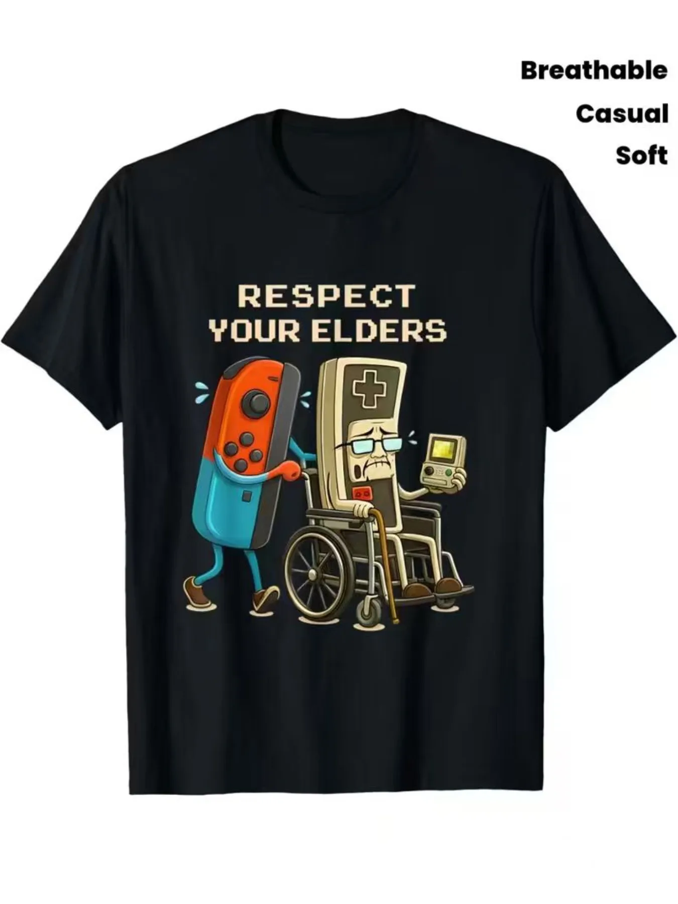 T-shirt de jeu vintage pour homme, idéal pour les tenues décontractées et les gamers rétro, avec impression « Respect Your Elders » et manette – Doux et respirant