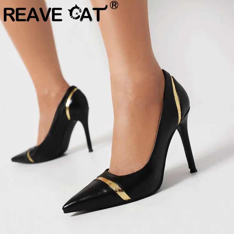 REAVE CAT Sexy Ladies Pumps Pointed Toe Thin High Heels 10.5cm Slip On Decoration Party Office Women Shoes Big Size 42 43