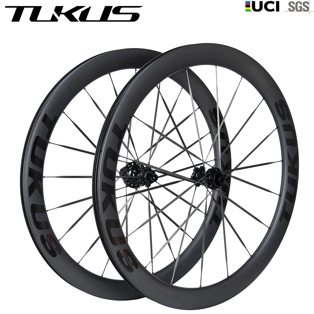 TUKUSWHEELS C50Y 700C Flat Rim Road Bike Thru Axle Center lock Disc Brake Cycling Wheelset Newest Carbon Spokes Rims 18-21H
