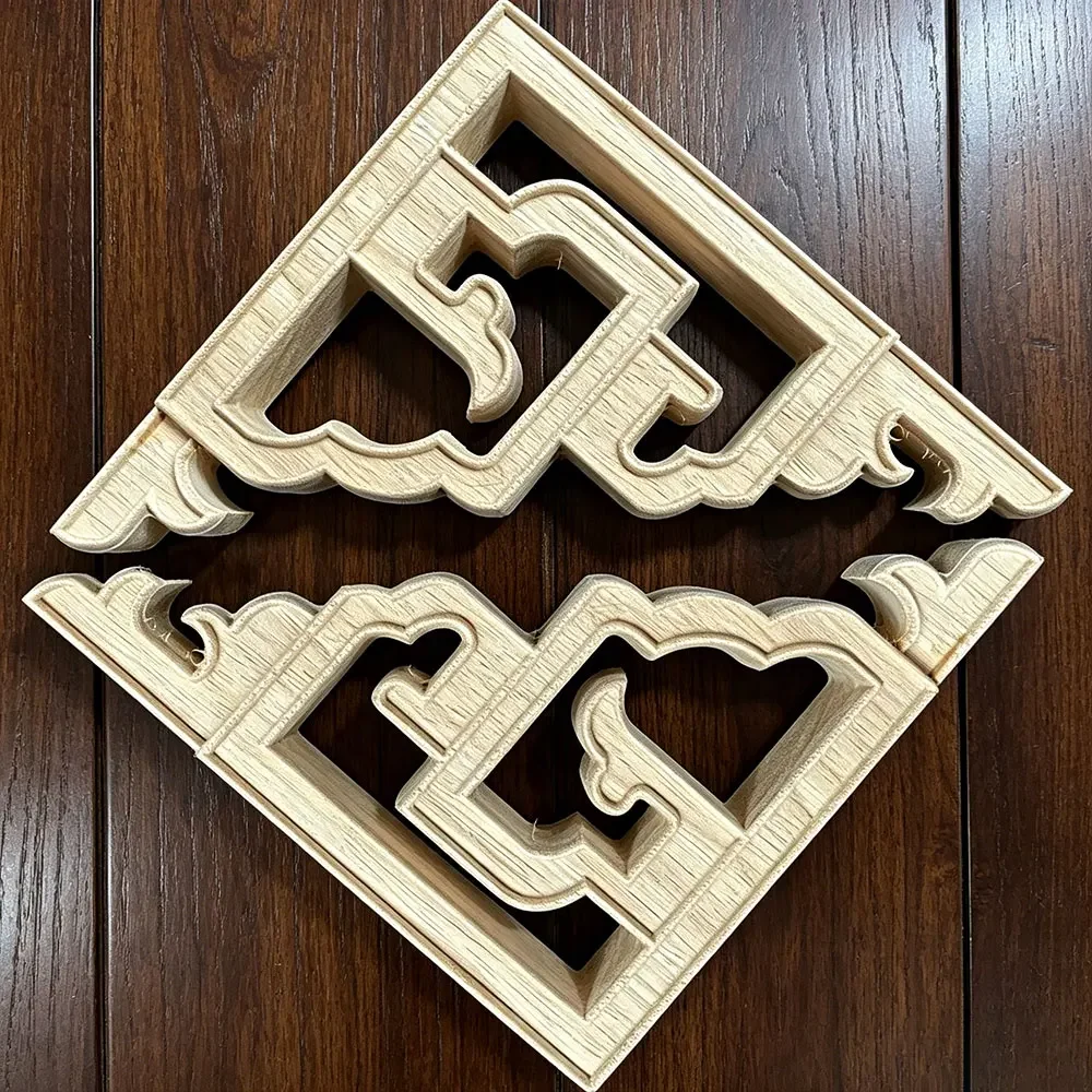 4PCS 15cm Carved Unpainted Wood Ornamental Applique Mouldings Onlay Decal Hollow Flower Cabinet Furniture Decor Accessories