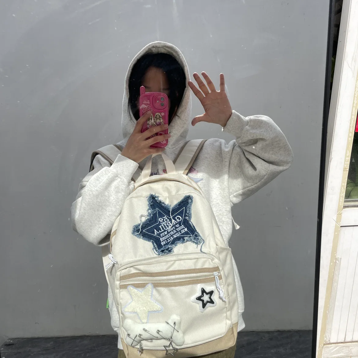 Y2K Denim Star Padrão Mochila Escolar para Mulheres, Saco de Livro Branco, Forma Óssea, Adolescente Bagpack, Carta Bordada, Grande Capacidade, Novo