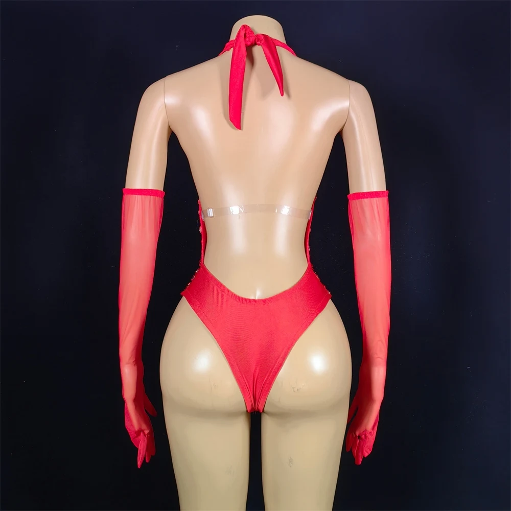 Red Rhinestones Stretch Bodysuit Women Sexy Party Pole Dance Outfit Gogo Dancer Costume Bar Ds Dj Stage Performance Wear XS7966