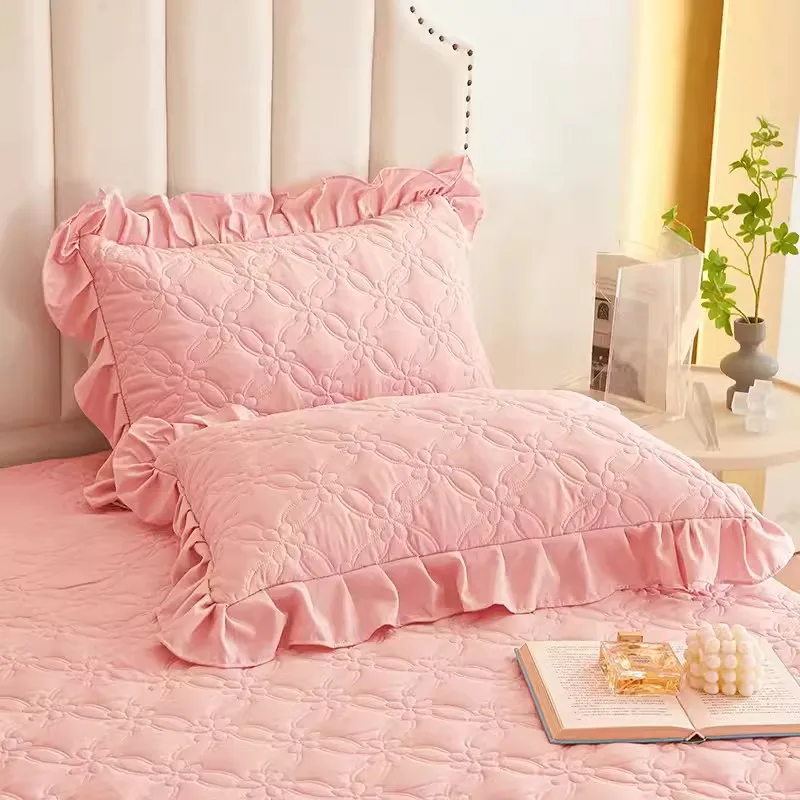 2pcs Solid Color White Pink Blue Quilted Pillowcase Thickened Cotton Pillow Case Lotus Leaf Lace Pillow Cover For Home Bed Decor