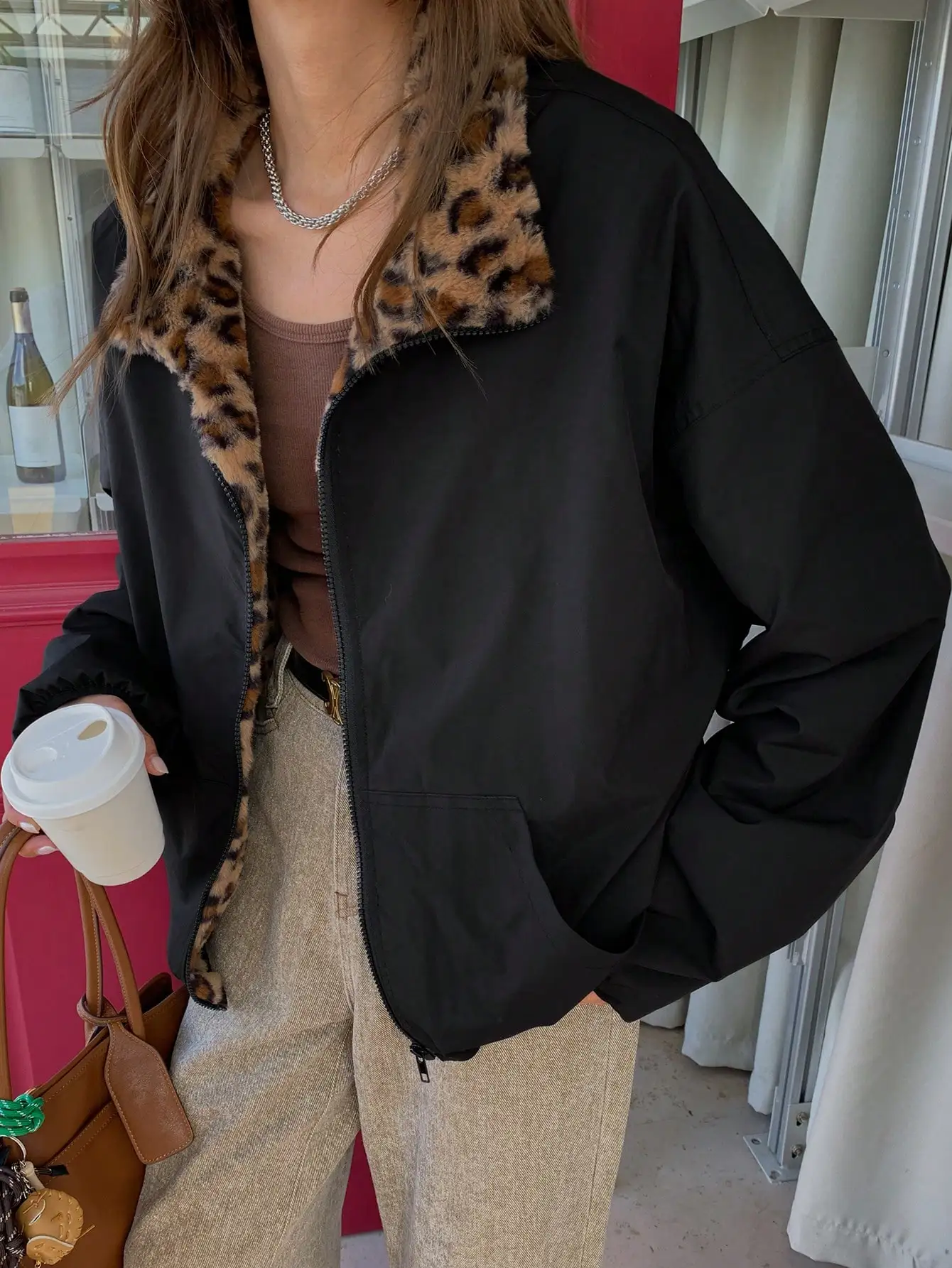 

Women's Black Oversized Jacket with Leopard Faux Fur Collar, Zip-Up Fall Winter Coat