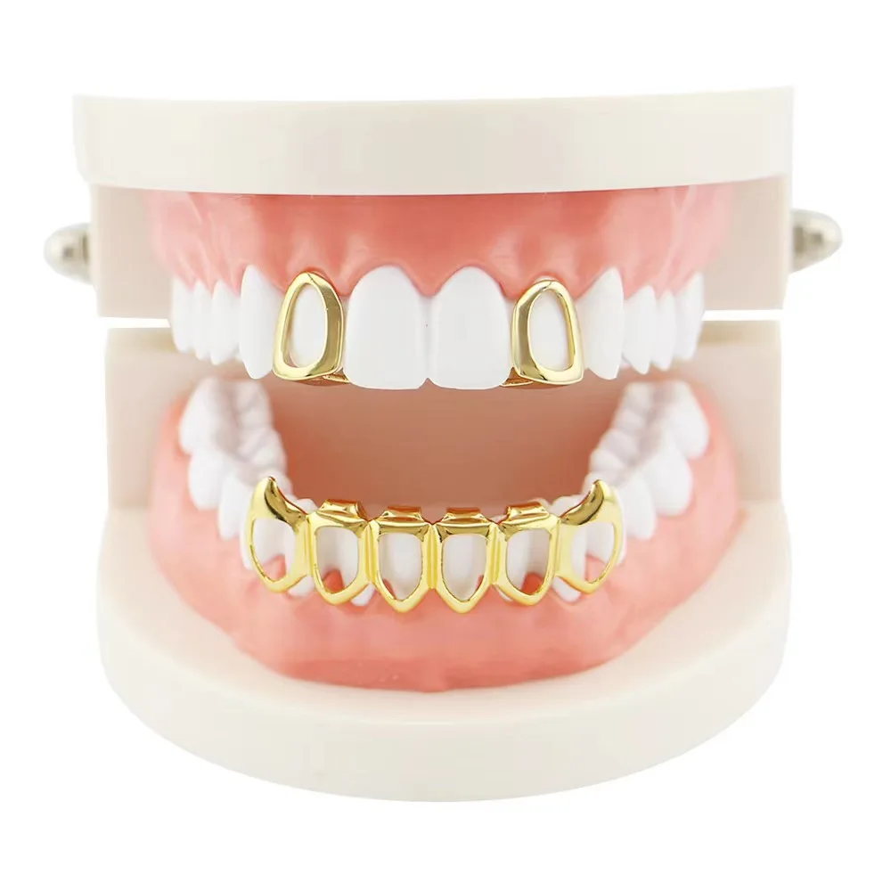 18 Karat vergoldete Hip-Hop-Zähne Grillz, ausgehöhlte goldene Zahngrills, perfektes Halloween-Accessoire für Männer und Frauen