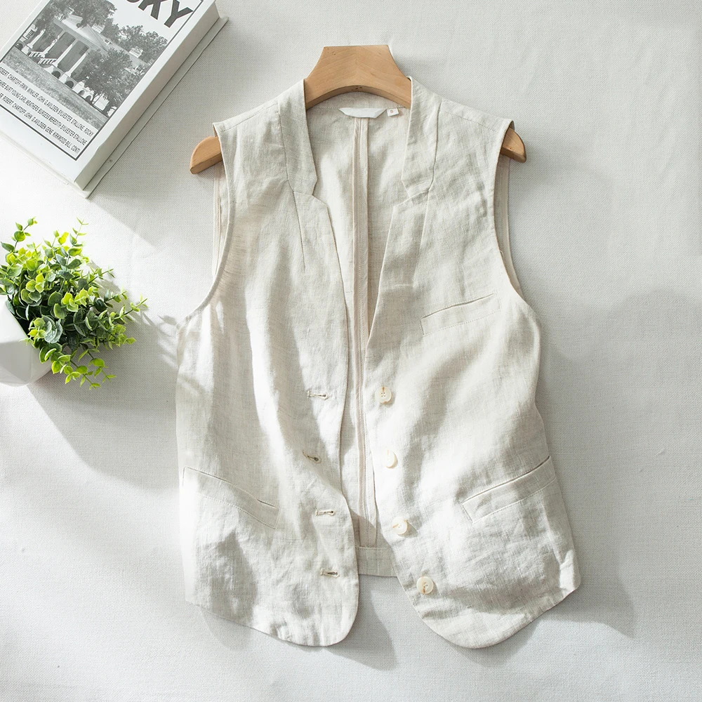 Spring Autumn Japan Style Simple V-Neck Loose Casual Linen Vest For Women Solid Color Sleeveless Multiple Pockets Female Coats