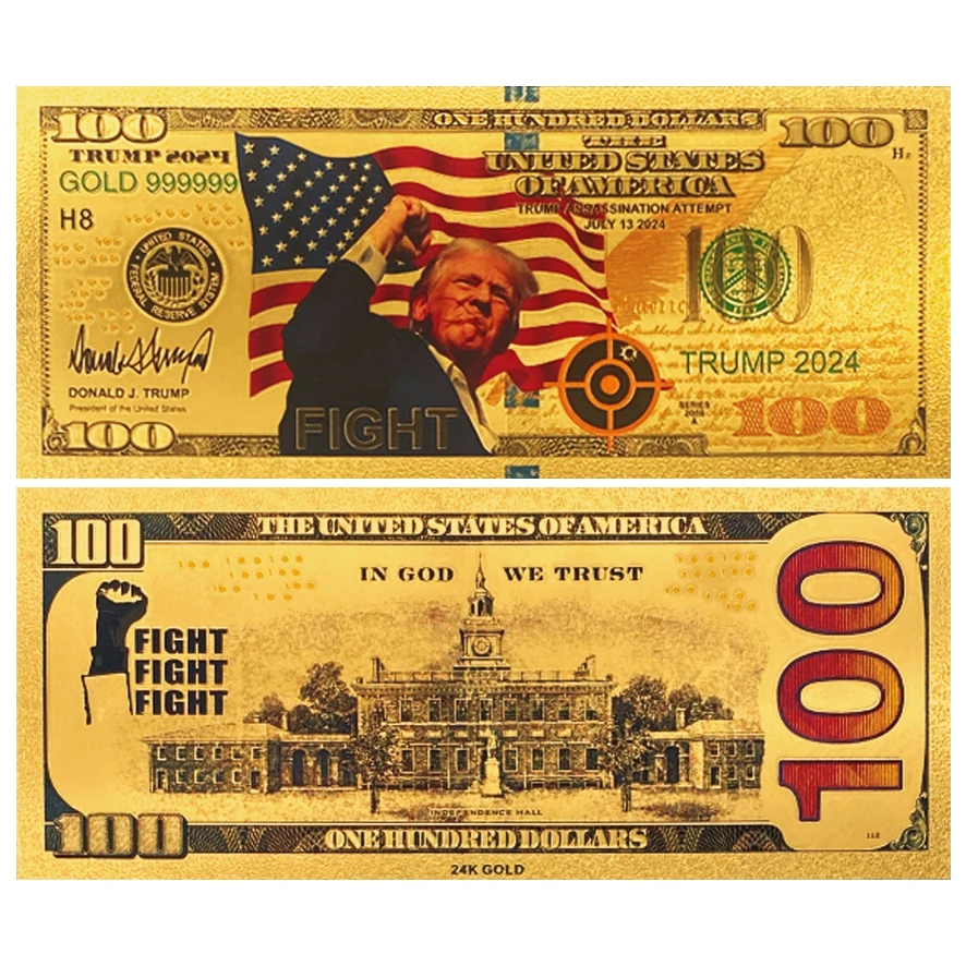 

Wholesale 2 styles 2024 Trump Shooting Gold Foil Banknotes US 100 Dollars Commemorative Bills Banknote Business Gifts trump card