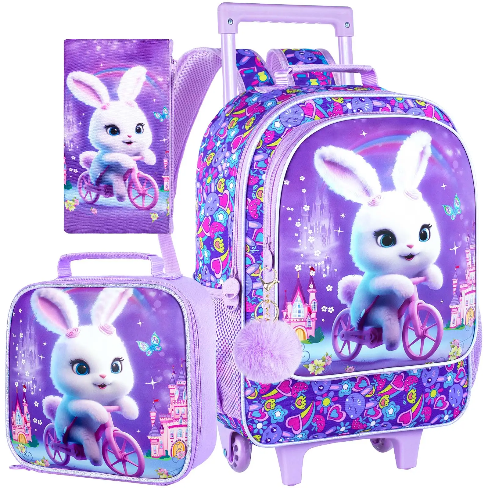 

3PCS Rolling Backpack for Girls, Kids Roller Wheels Bookbag, Wheeled Elementary School Bag with Lunch Bag - Rabbit