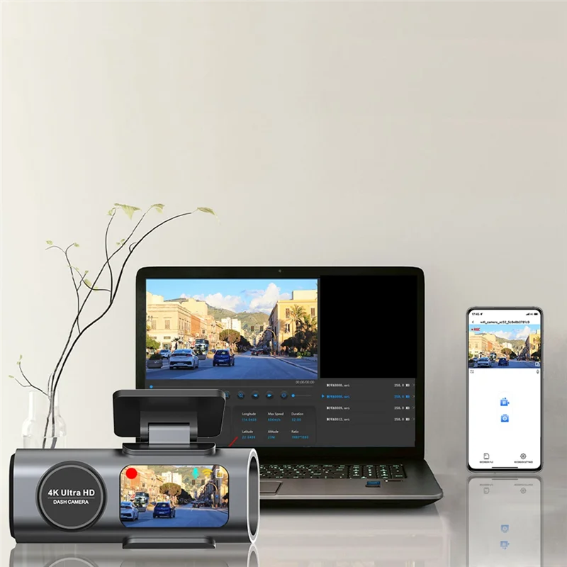 AA08-Dash Cam DVR 4K UHD Videocamera per auto Videoregistratore Visione notturna GPS Doppia lente Wi-Fi integrato Parcheggio 24 ore