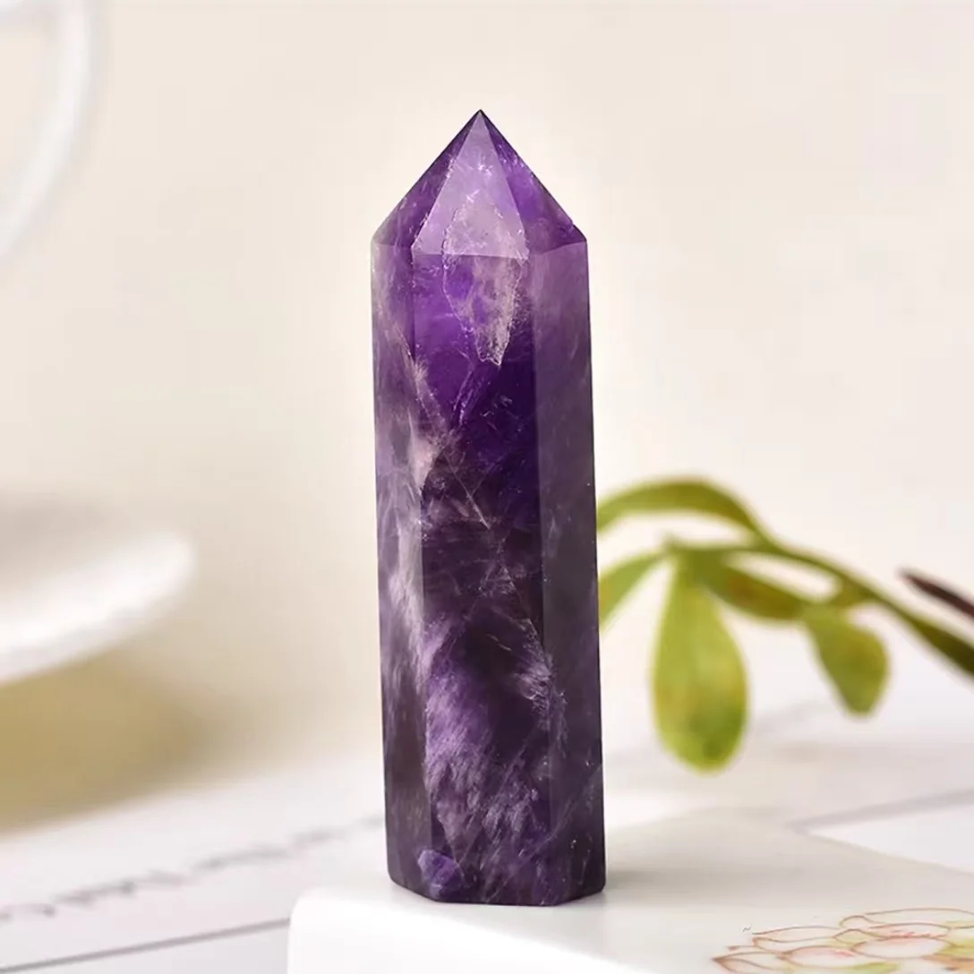 1pc Amethyst hexagonal pillar with white stripes, suitable for office home decoration, holiday party gifts