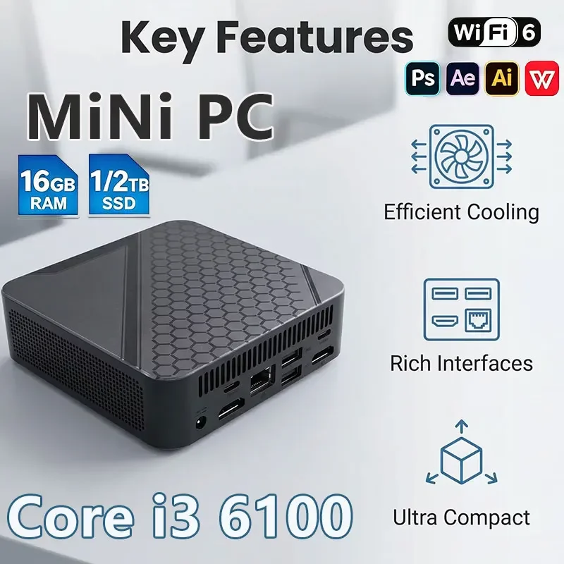 Novo Mini PC Gamer Core i3 6100 com 16GB de RAM, SSD de 1TB/2TB, Portátil para Jogos, HD, WiFi6, BT5.2, para Escritório e Trabalho.