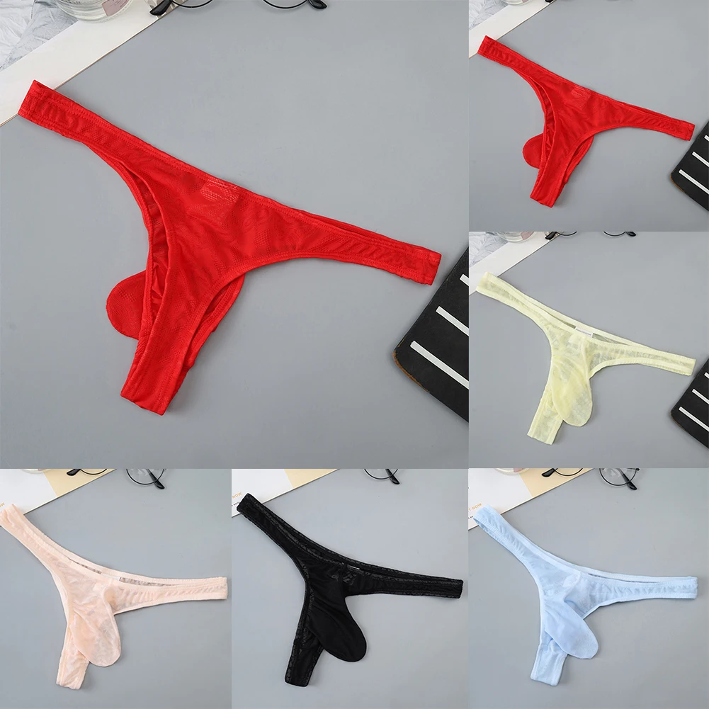 Sexy Mens Sheer Ice Silk T Back Underpants Jacquard Perspective Breathable Thong Panties Convex Pouch G-string Underpants