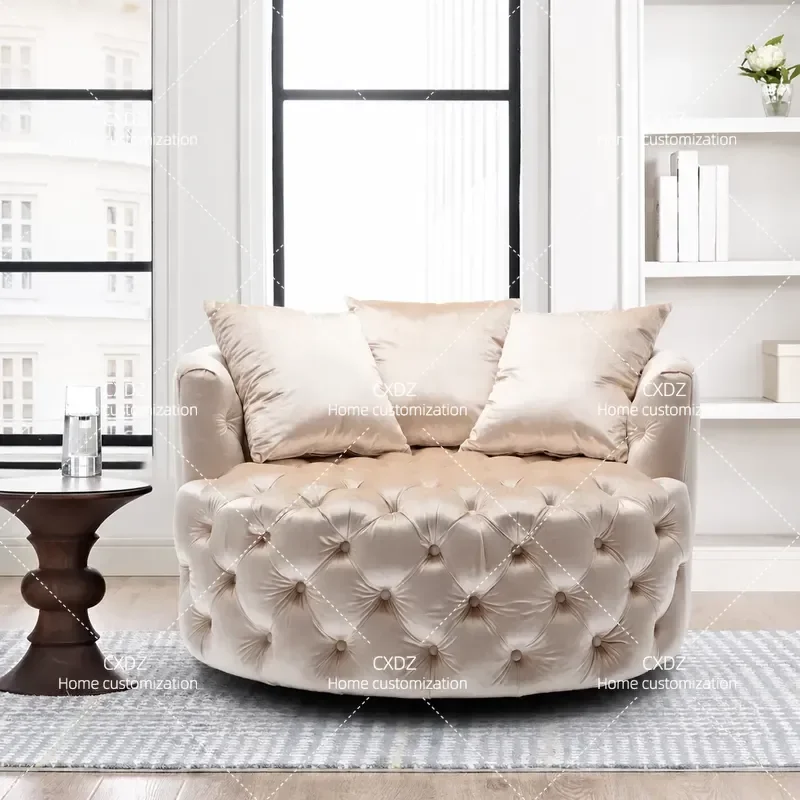 American Light Luxury Simple Fabric Art Buckle Single Chair Hotel Living Room Round Rotating Milk Tea Color Sofa Chair