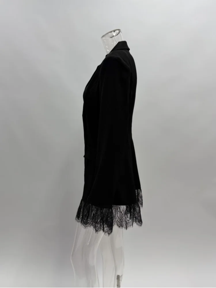 

Chic Lapel Lace Spliced Suit Jackets Women Slim WaistSingle Breasted Full Sleeve Blazer 2025 Autumn Lady Commute Outwear