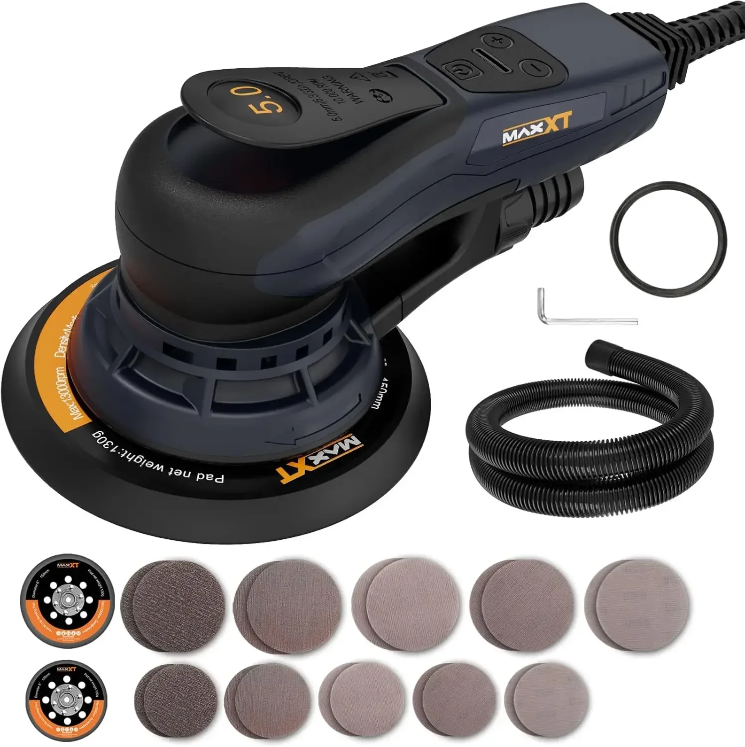 Electric 5mm Random Orbital Sander, Palm Sander with Brushless Motor, 5&6Inch Sanding Pads, Central Vacuum, Sanders for Woodwork