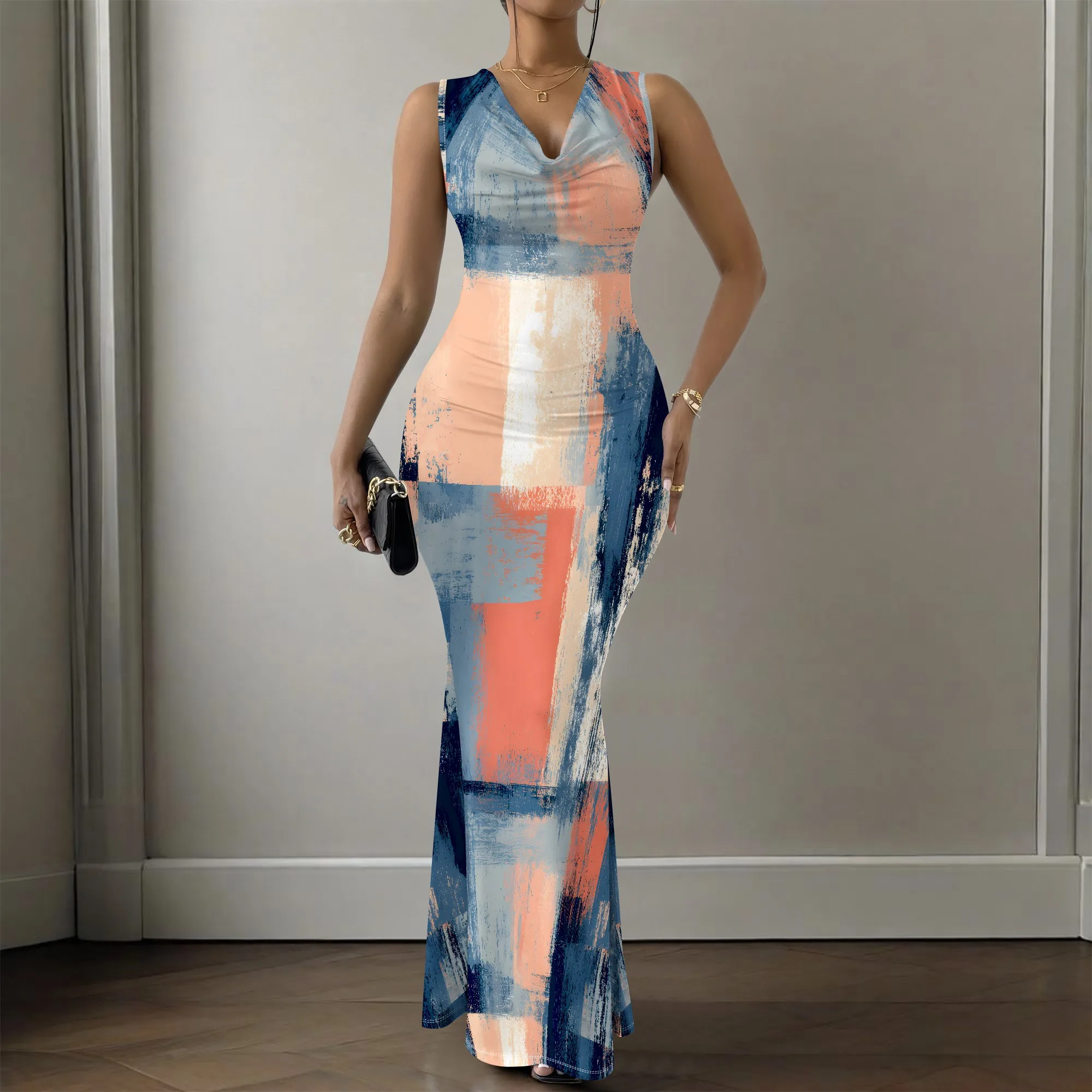 Abstract Print Maxi Dress, Sleeveless Cowl Neck Bodycon Gown, Brushstroke Pattern Party Wear, Women's Evening Clubwear XS-2XL