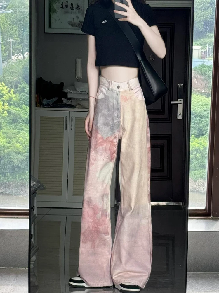 

Retro American Pink Denim Jeans Women's High Waist Loose Straight Leg Long Pants Cool Sweet Autumn New Style Wide Leg Trousers