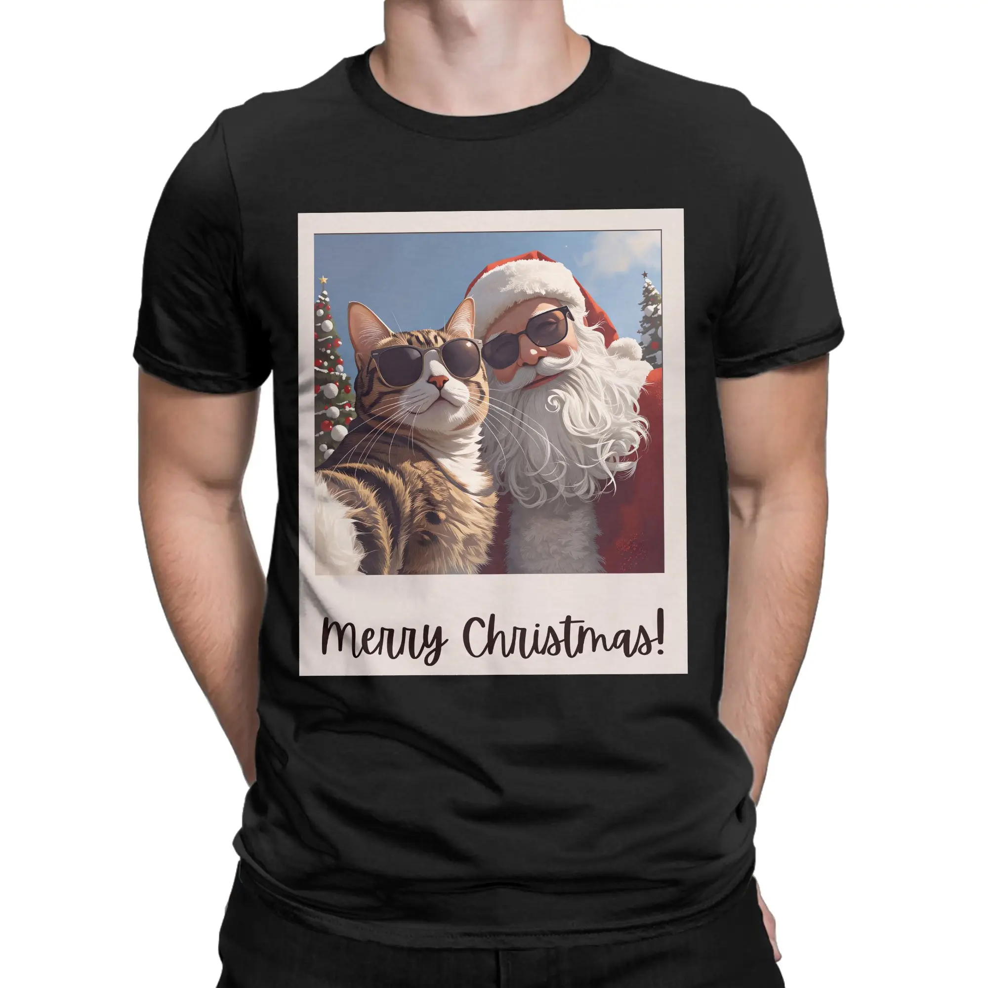 

Vintage T Shirt Summer Cat Selfie with Santa Novelty T-Shirts Cotton Tshirt for Men's Y2K Funny Plus Size Short Sleeve Tops