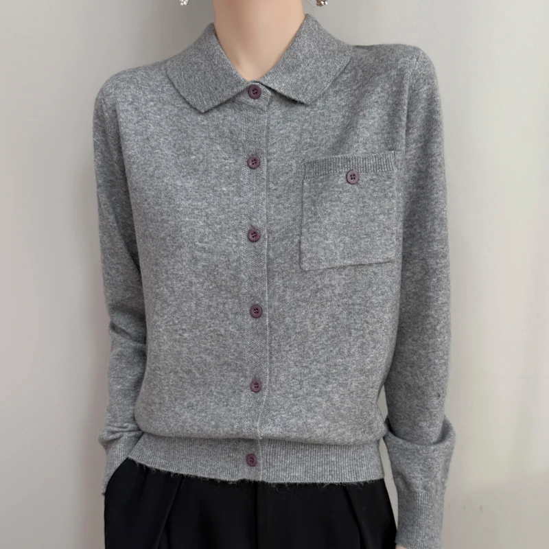 Spring 2025 New Polo Neck Cardigan Women\'s Pure Wool Sweater Jacket Fashion Solid Color Knitted Jacket Women\'s Clothes