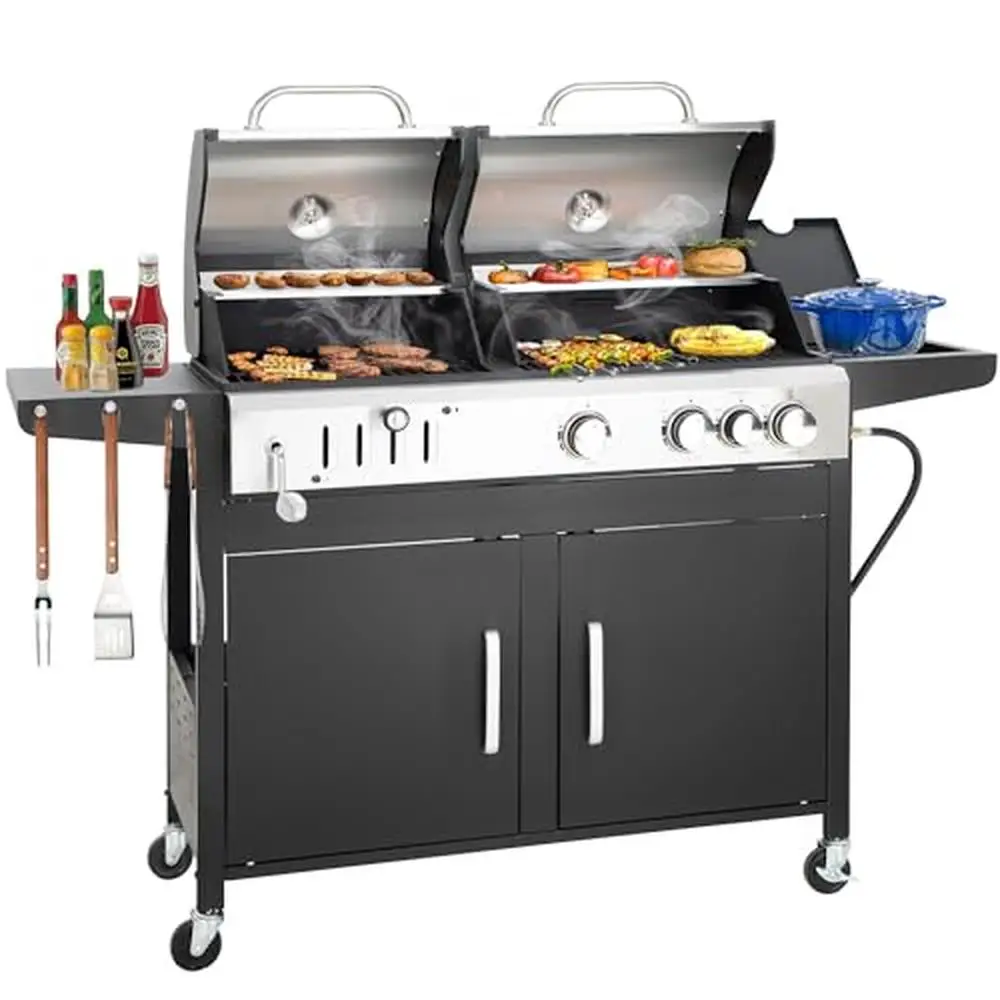 3-Burner Gas & Charcoal Combo Grill with Side Burner 37,000 BTUs 685 SQIN Porcelain-Enameled Grates Heat Control Large Cooking