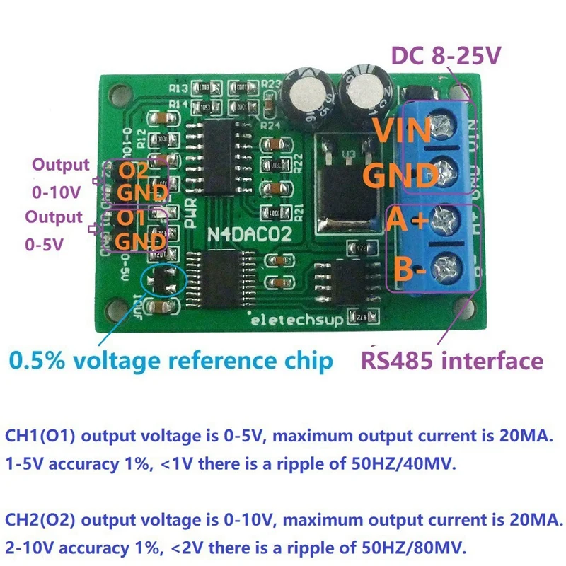 Gerador de sinal de tensão Módulo conversor DAC RS485 Modbus RTU para instrumentos de medição PLC DC 12V, 0-5V, 0-10V