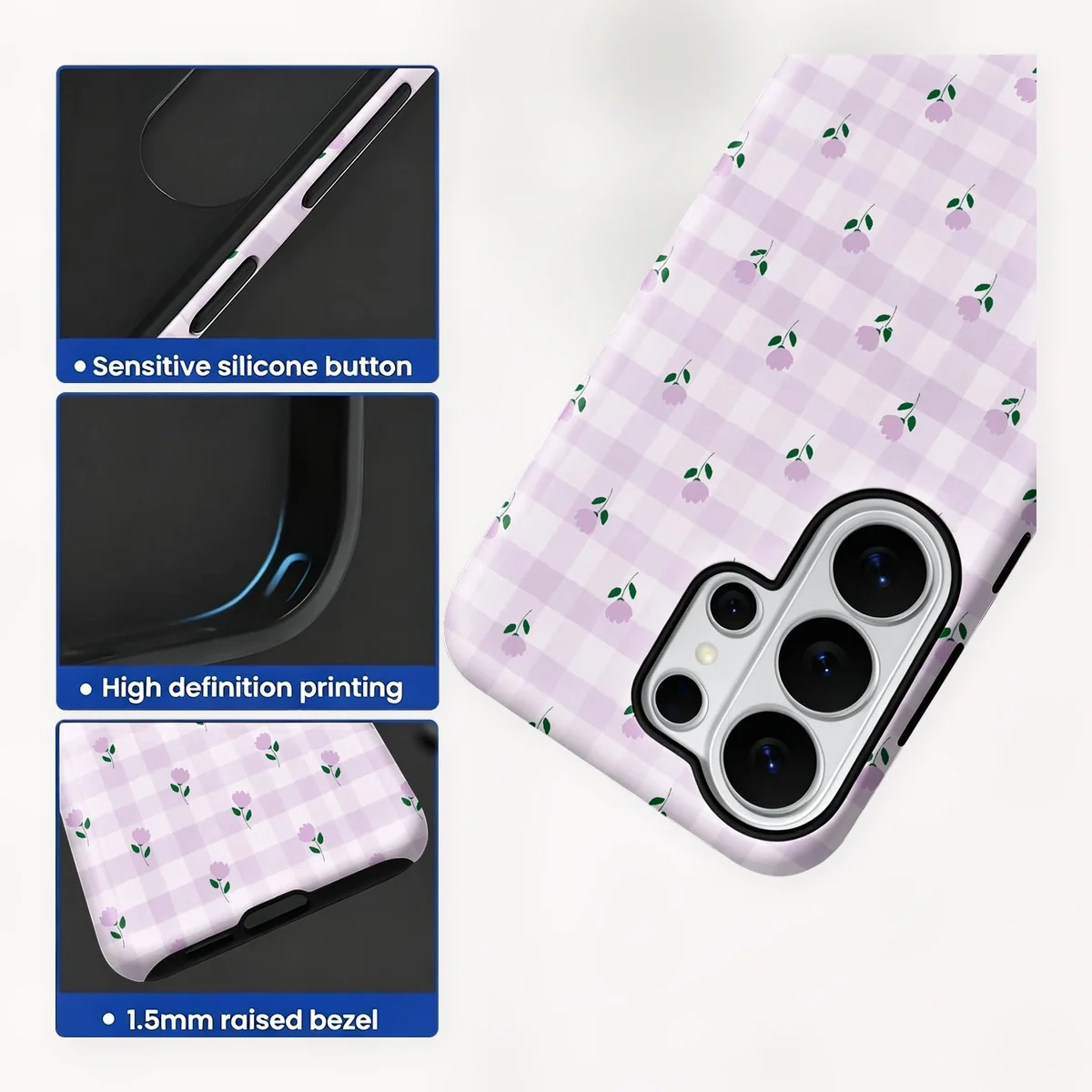 Purple Gingham Floral 2-in-1 Dual-Layer Phone Case for Samsung Galaxy S26 S25 S24 Plus Ultra FE S20 FE A56 A17 A16 A15