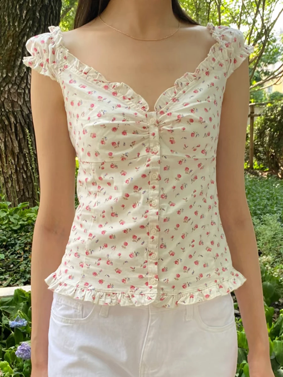 

Red Floral Ruffles Blouse T-shirt Woman V-neck Single Breasted Puff Sleeve Slim Shirts Sweet Cute Cotton Summer Tshirt Y2k Tops