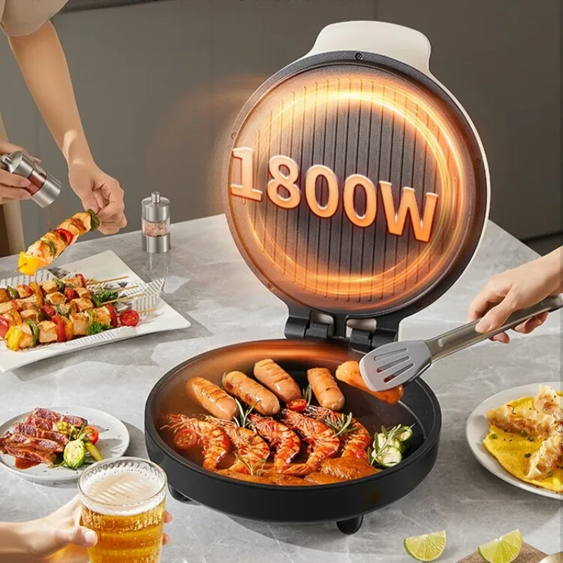 Electric griddle for home use, with enlarged and deepened cooking plates, double-sided heating, and suitable for grilling meat.