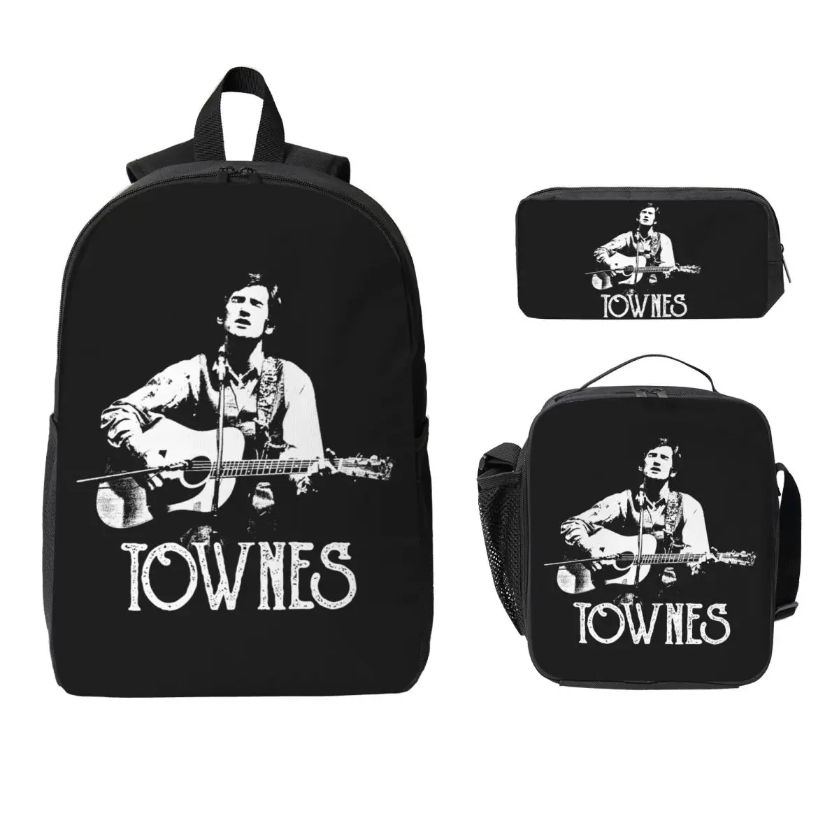 

Townes Van Zandt - White Stencil Zipped Backpack BookBag School Bag Laptop Shoulder Bags 3ps Insulated Lunch Bag Pencil Case