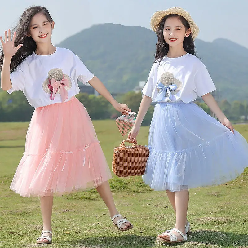

Summer Girls Clothing Suit Cute Clothes Set for Kids Children 6 8 10 12 Years T-shirt + Gauze Skirt 2PCS Outfits for Girls