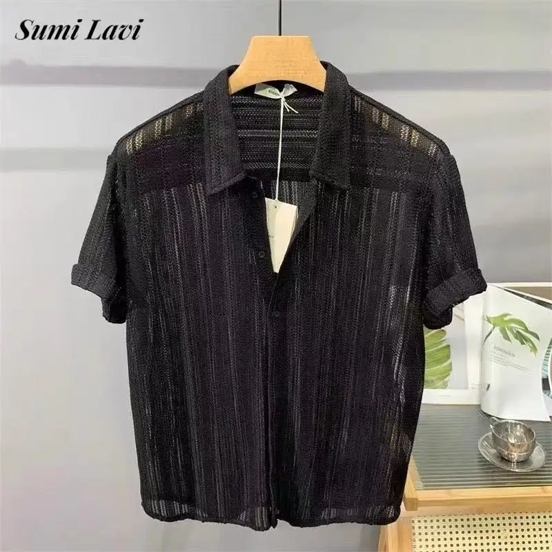 

Streetwear Fashion Mens Button-up Lapel Shirt 2025 Summer Trendy Knitting Hollow Out Shirts Men Vintage Textured Knitted Shirt