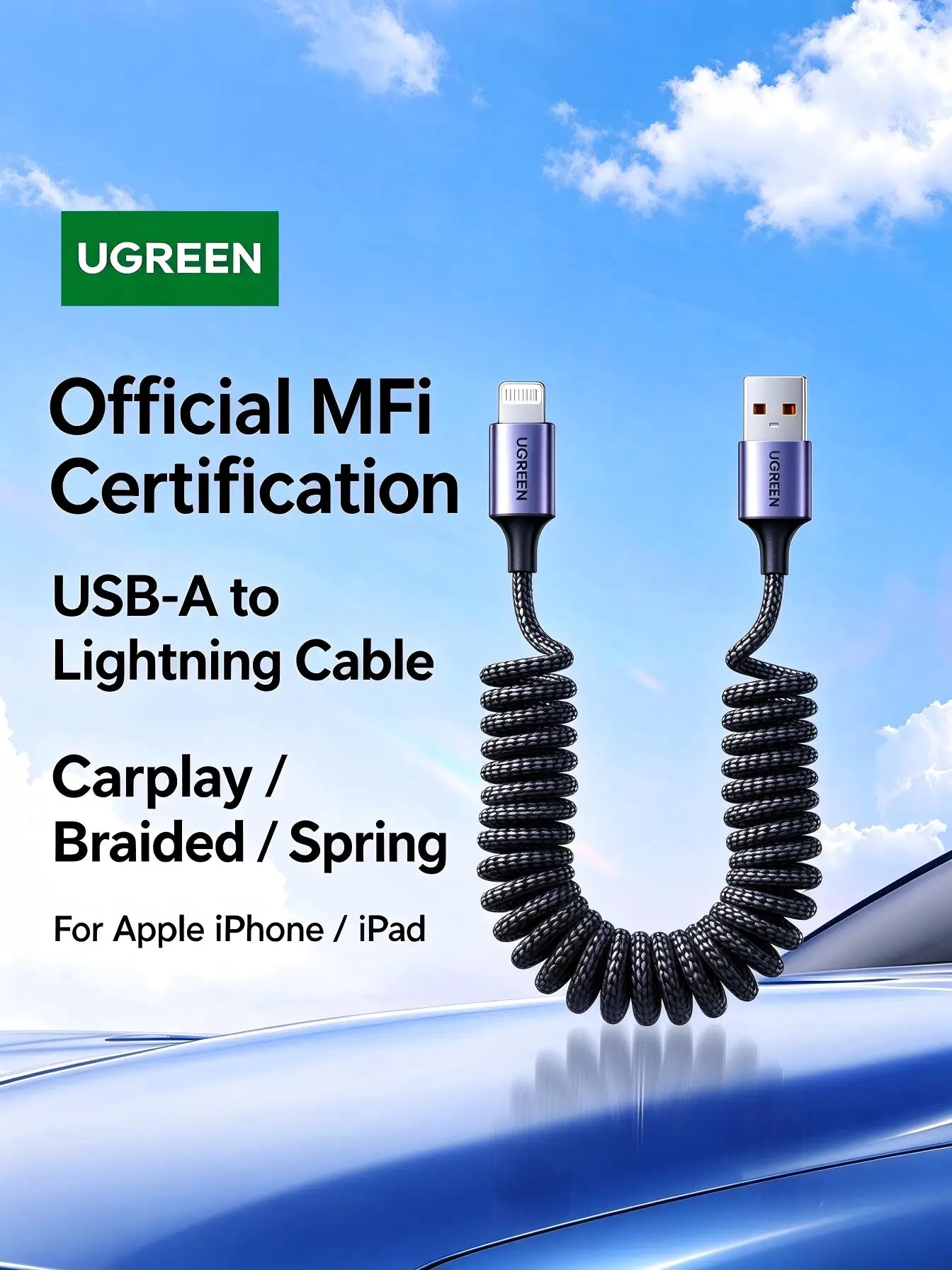 UGREEN MFI – samochodowy kabel USB Lightning z mechanizmem zwijania, obsługujący szybkie ładowanie PD i przesyłanie danych, kompatybilny z Apple iPhone 14, 13 i iPad, ładowarka samochodowa, kabel Carplay, pleciona konstrukcja. — zdjęcie produktu 7