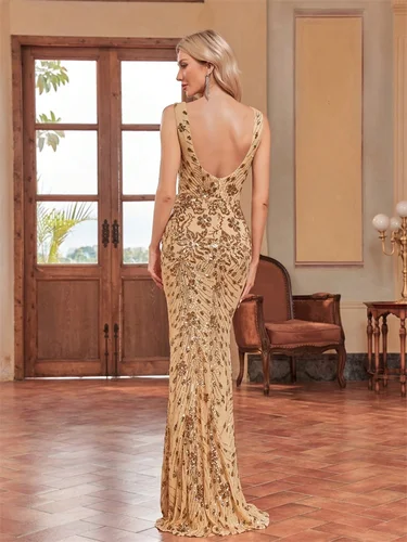 Imagen 2 del producto Vestido de noche elegante con lentejuelas para mujer, sirena larga Formal, Sexy, sin espalda, de lujo, para fiesta de boda, vestidos de graduación de sirena 2025