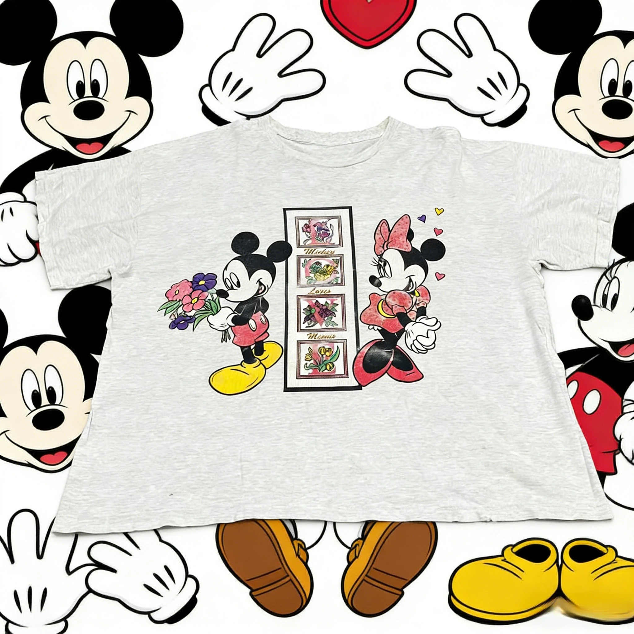 

Disney Summer 90s Mickey Mouse Bouquet 100% Pure Cotton Printed T-shirt for Men and Women Casual Street Loose and Breathable Top