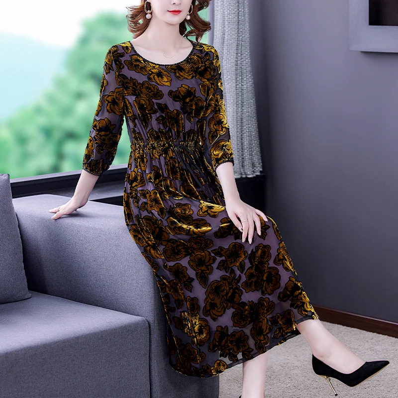 

Women Autumn & Winter Dot Velvet Dress Festa High Quality Long Elegant Party Robe Femme Vintage Lace Designer Vestidos