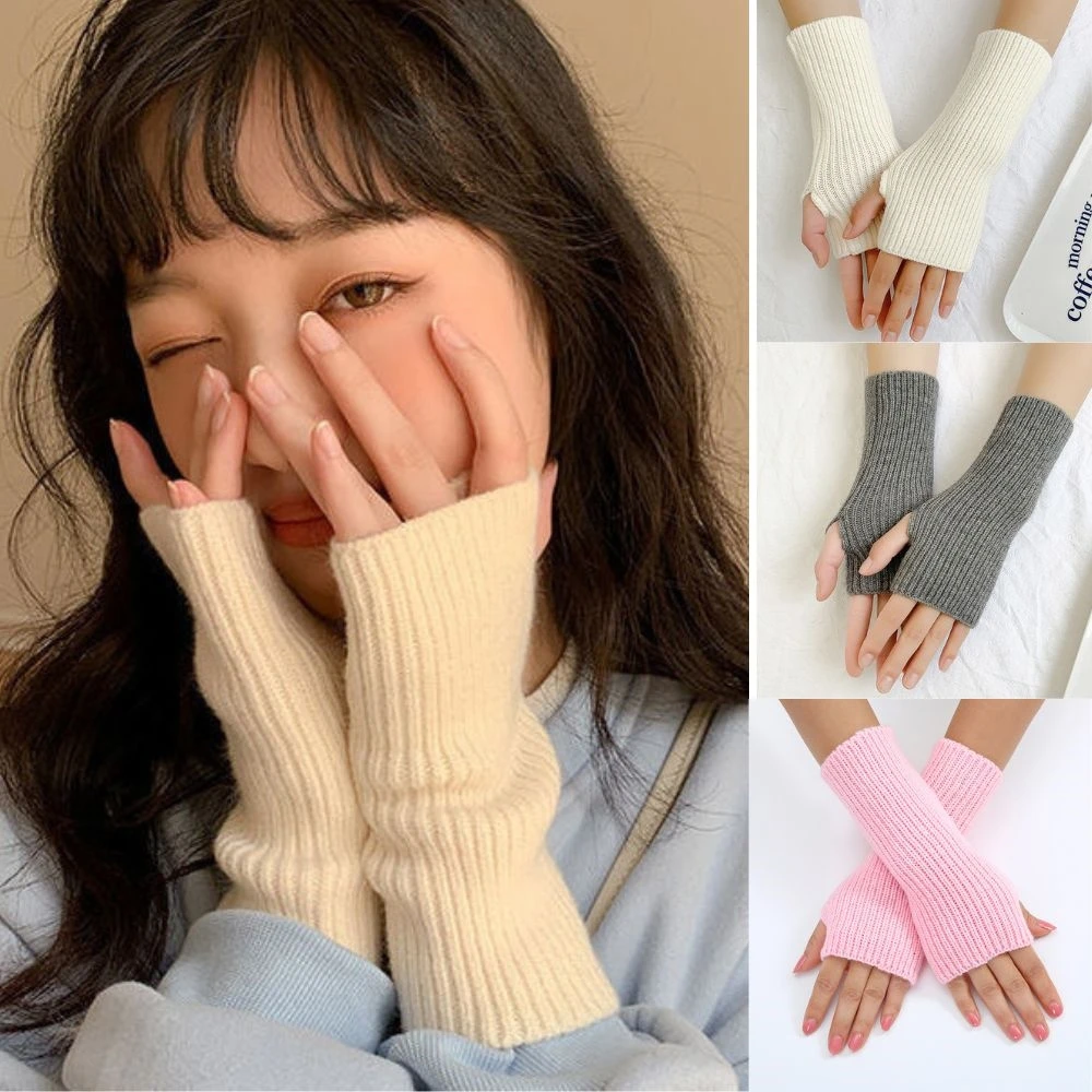 Guantes cortos sin dedos Y2k para mujer, manopla de punto Harajuku, Mangas de brazo de Color sólido, guantes coreanos de medio dedo, punkgótico