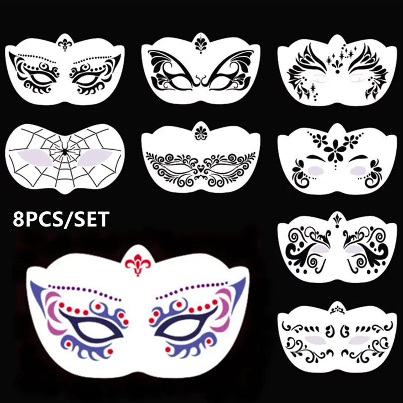 8Pcs Face Skeleton Painting Stencil New Mask Set DIY Kids Graffiti Hand Painting Aids Tattoo Stencils Stage Party Holiday Makeup