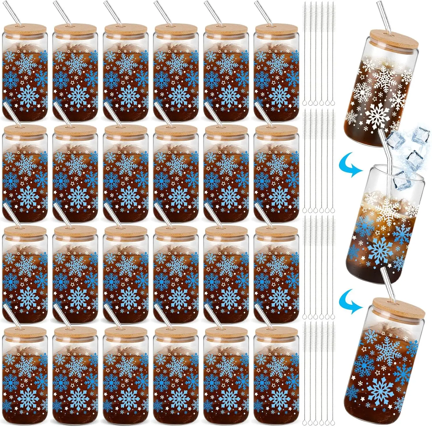 

Набор из 24 стеклянных стаканов-трансформеров «Снежинка» с крышками, трубочками и щеточками – Зимние стаканы объемом 16 унций для праздничных вечеринок