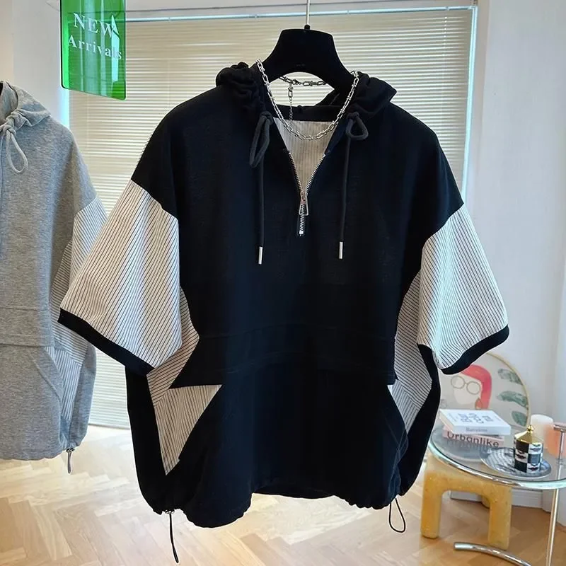 Summer Hooded Casual Tops T-Shirt Women 2024 New Fashion Large Size Loose Sense Of Design Zipper Stripe Join Together 4XL Female