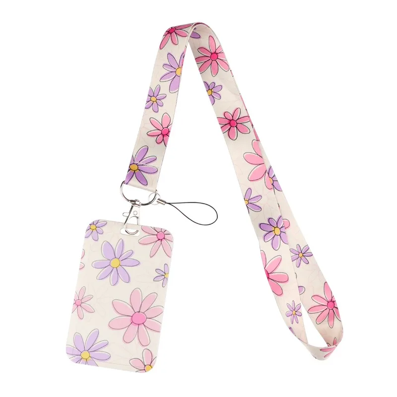 Flower Print Woven Lanyard Multi‑Purpose Phone Strap Daily Hanging Rope for Student Bus Card Work ID Badge