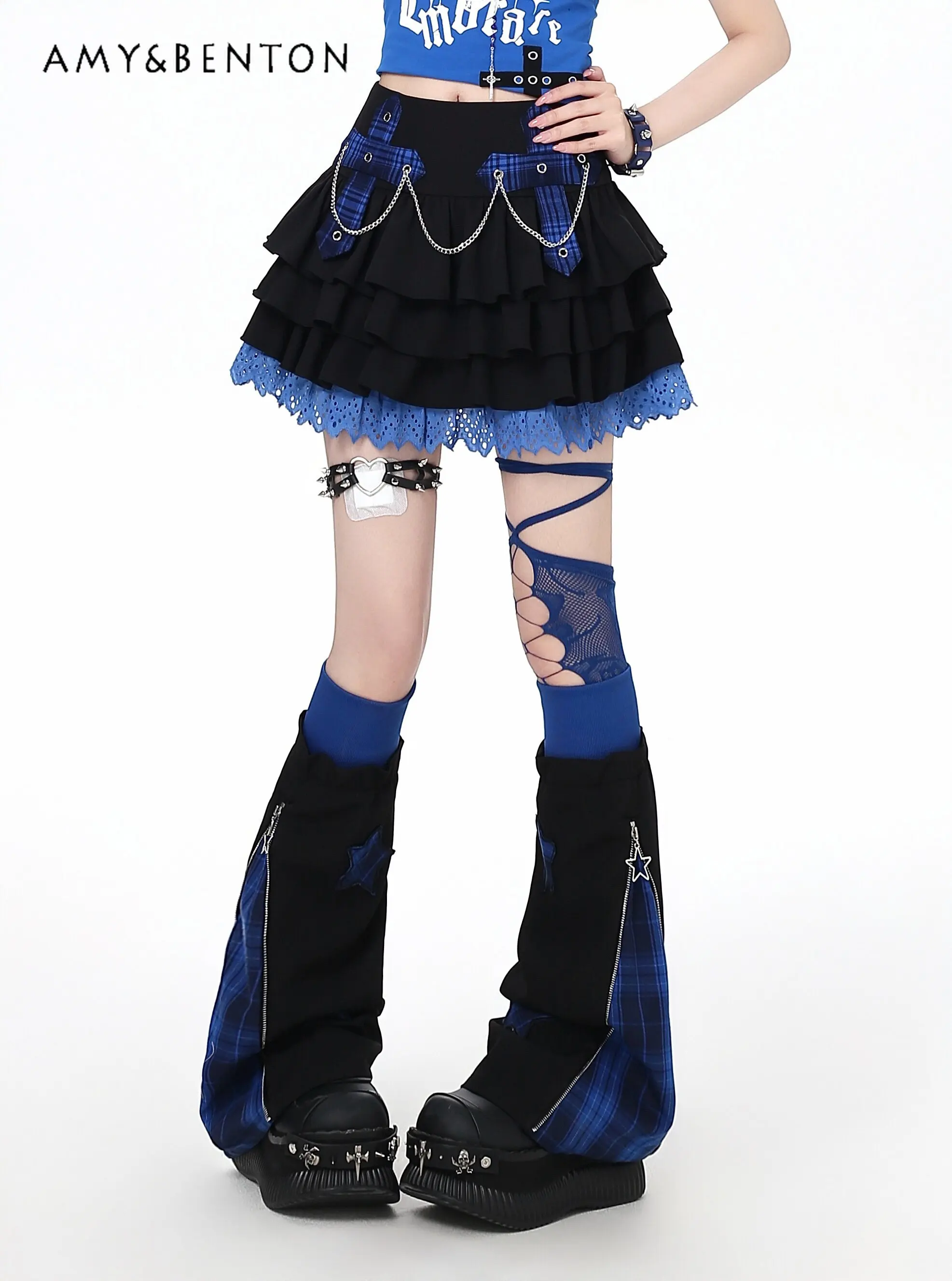 

Original Subculture Sweet Cool Chain Pendant Cross Puffy Cake Skirt Summer New Harajuku Gothic Lace Splicing Color Mini Skirt