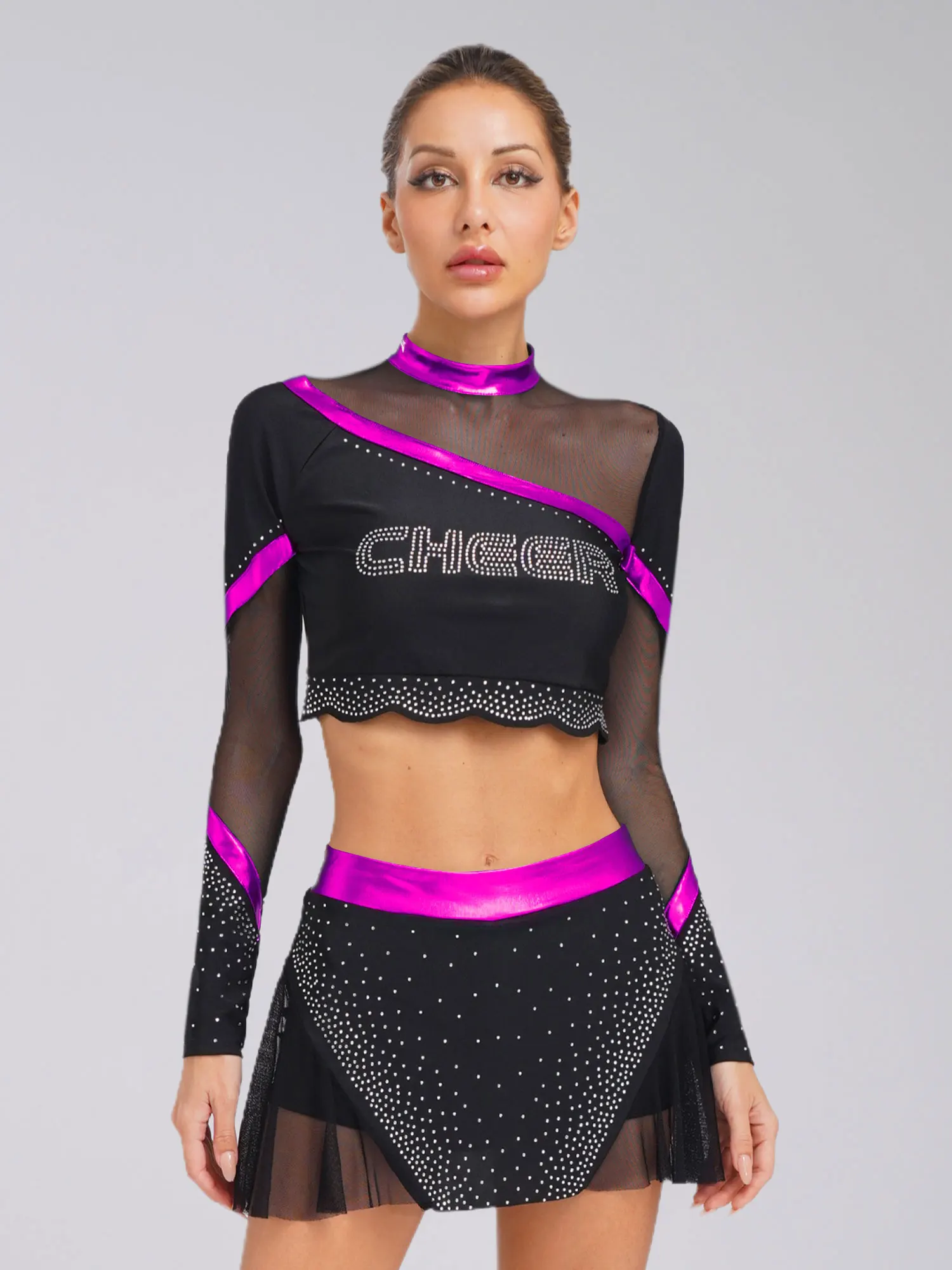 Cheerleading Uniform Outfits for Woman Cheer Dancewear Long Sleeve Teamwear Adults Rhinestone Cheerleading Halloween Costume